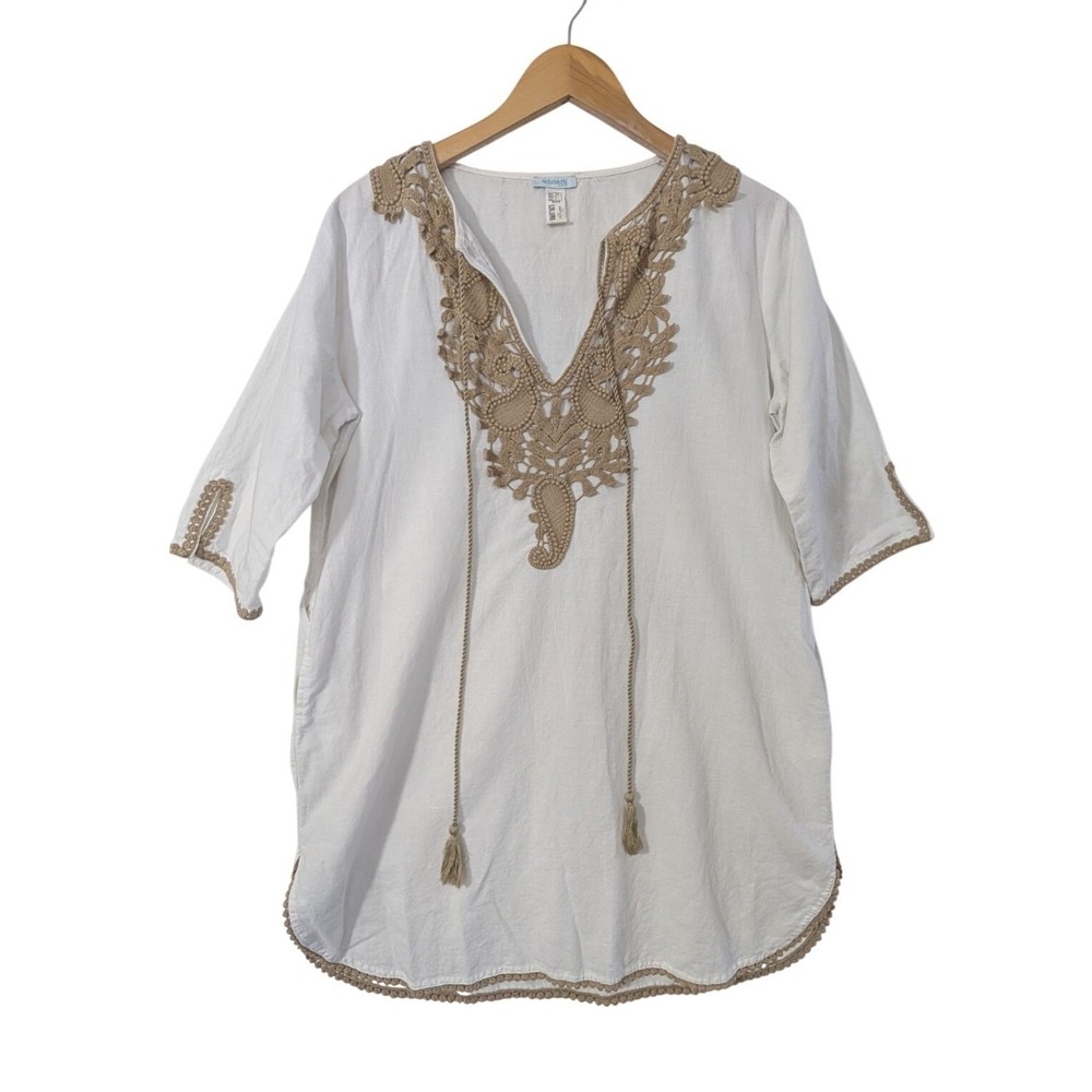 Selmark Cover Up Tunic Womens M White Beige Embroidered Resort Beach Vacation